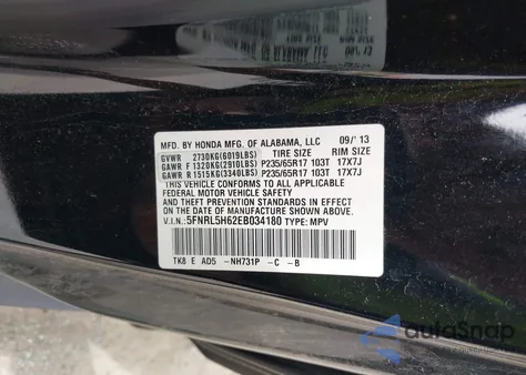 2014 Honda Odyssey Ex-L from USA, damaged, VIN 5FNRL5H62EB034180